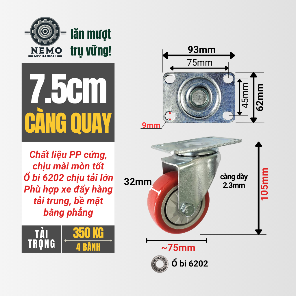 Bánh Xe PP Đỏ Cao Cấp – Nhựa Kỹ Thuật, Ổ Bi 6202 Chịu Tải (D75, D100)